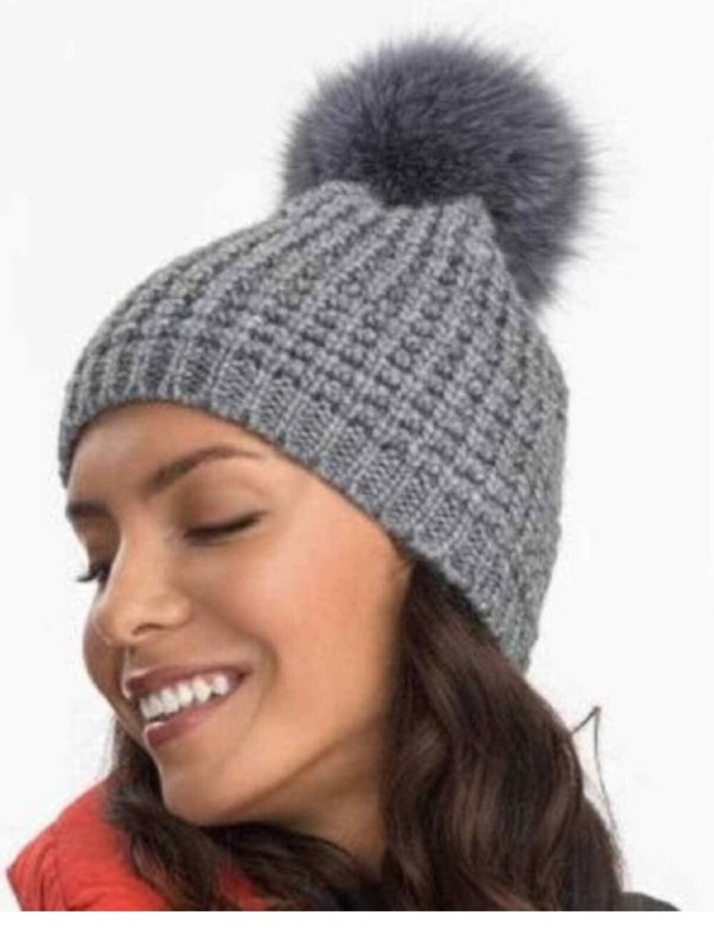 🆕 KYI KYI CANADA CLASSIC FAUX FOX FUR POM POM GRAY WOOL KNIT BEANIE HAT